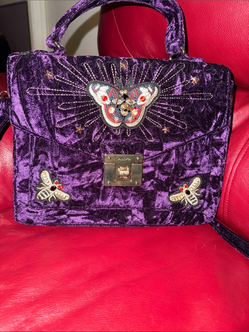 Purple Velvet Embellished Top-Handle Bag